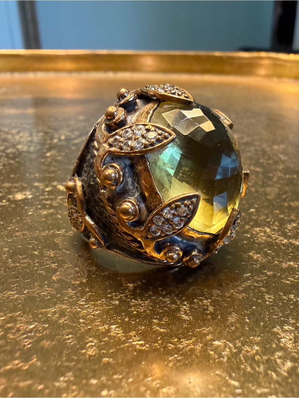 BORA YASAR Brutalist Ring with Green Faceted CZ in 925 Oxidized Silver